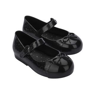 Mini Melissa Sweet Love Flat BLACK GLITTER SILVER, Size 12 M
